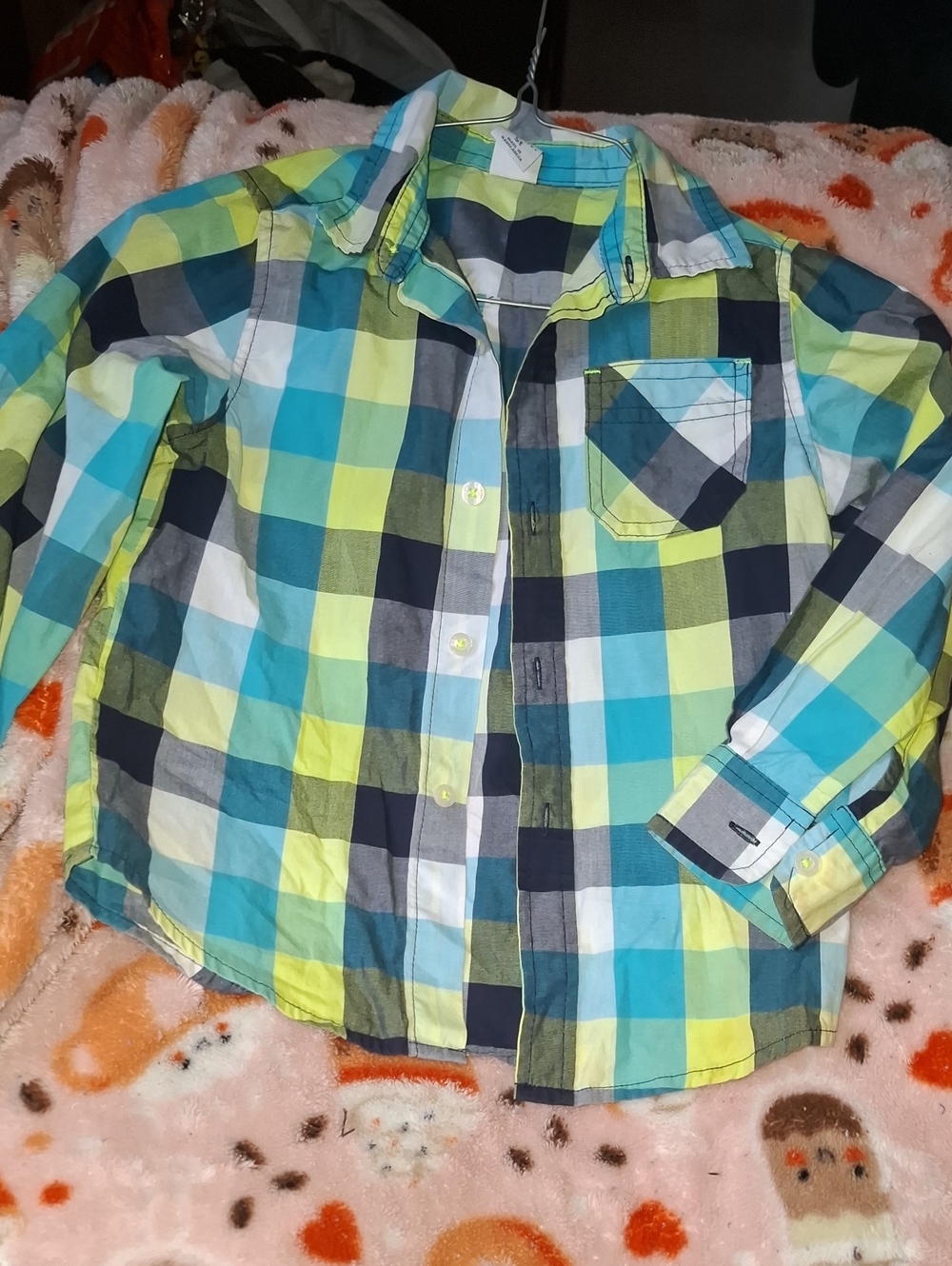 healthtex Boys Plaid Button-Down Shirt in Blue, Yellow & Teal